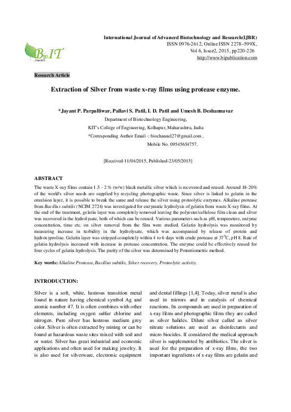 (PDF) Extraction of Silver from waste x-ray films using protease enzyme