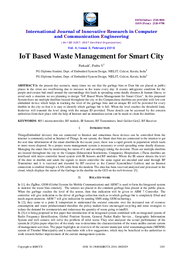 (PDF) IoT Based Waste Management for Smart City