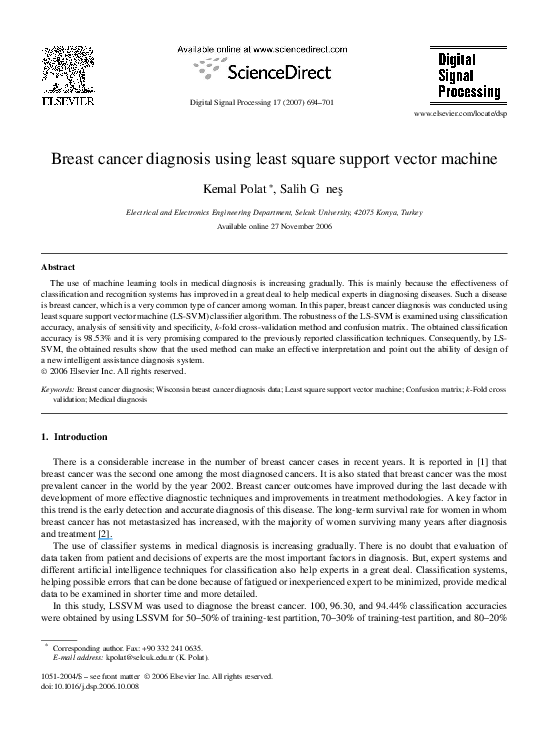 (PDF) Breast cancer diagnosis using least square support vector machine