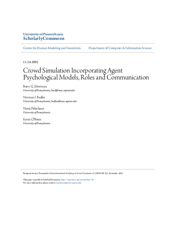 (PDF) Crowd Simulation Incorporating Agent Psychological Models, Roles ...