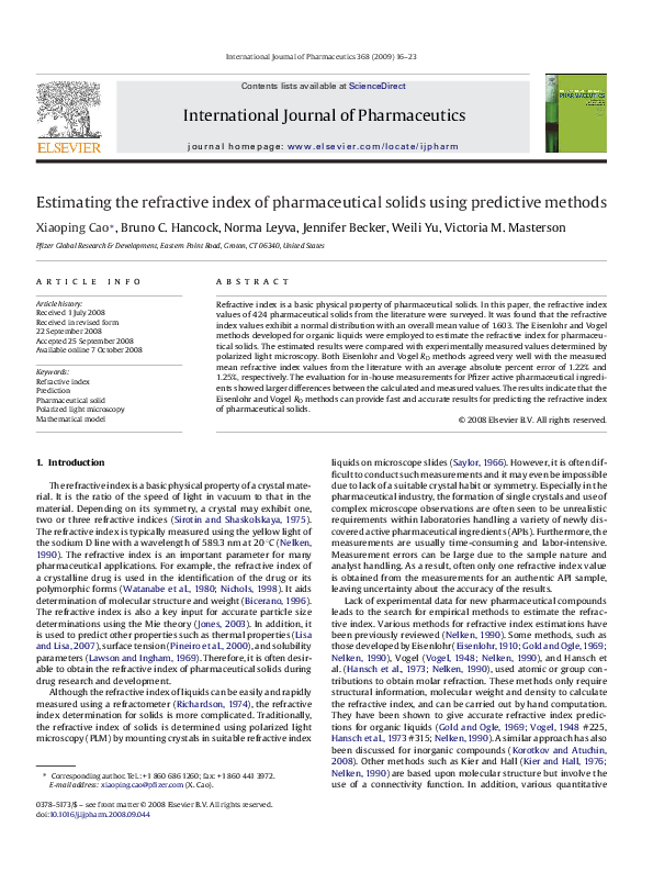 (PDF) Estimating the refractive index of pharmaceutical solids using
