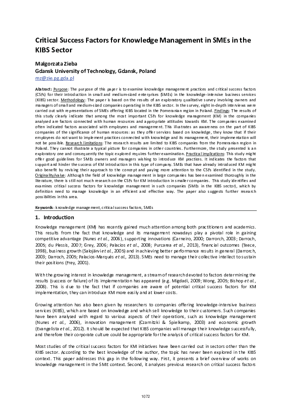(PDF) Critical success factors for knowledge management