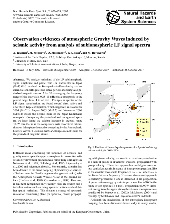 Observation evidences of atmospheric Gravity Waves induced by seismic ...