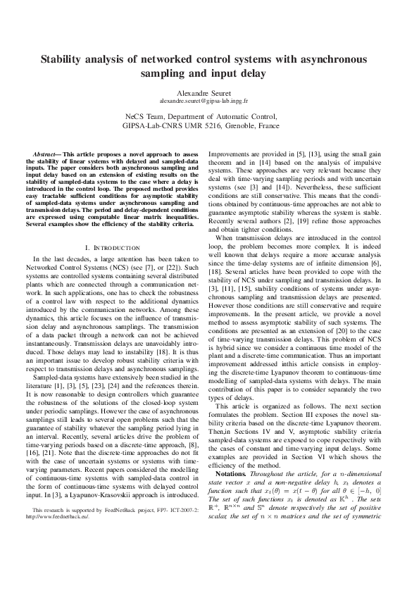 (PDF) Stability analysis of networked control systems