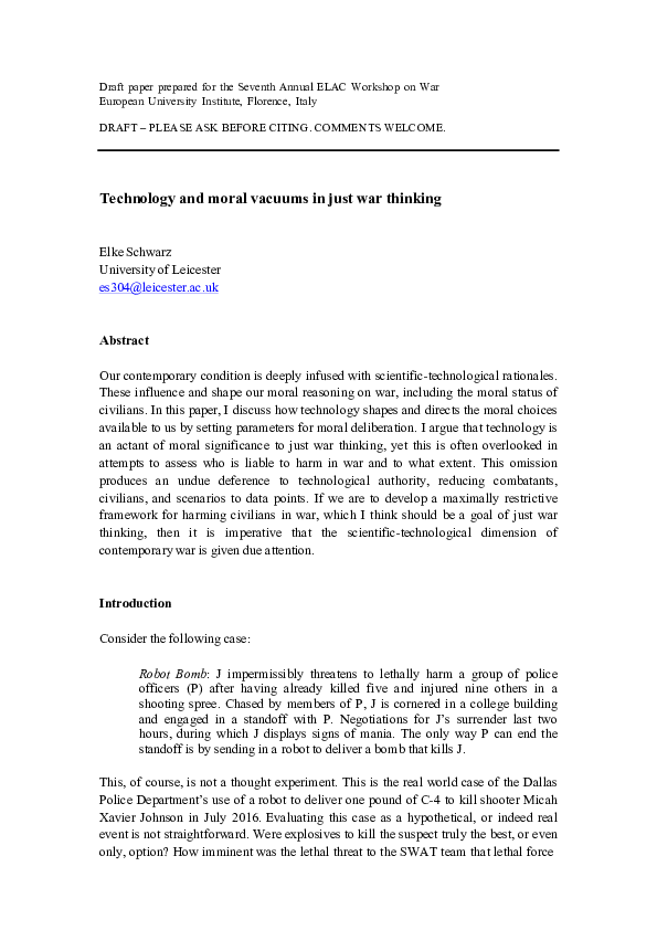 (PDF) Technology and moral vacuums in just war thinking Elke Schwarz