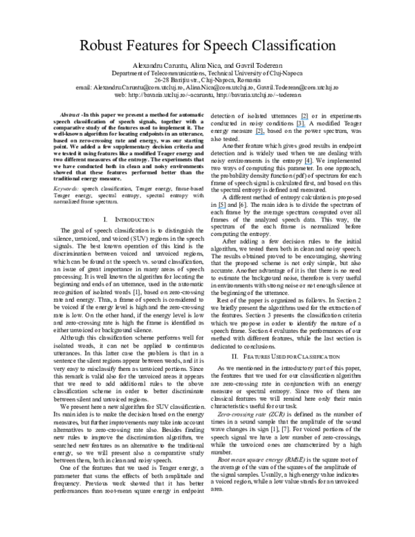 (PDF) Robust Features for Speech Classification