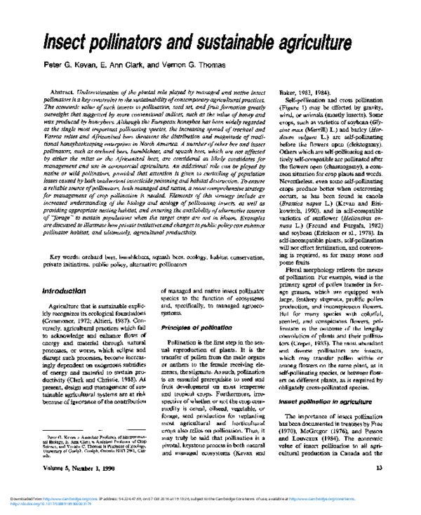 (PDF) Insect pollinators and sustainable agriculture