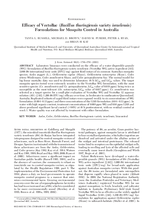 (PDF) Efficacy of VectoBac ( Bacillus thuringiensis variety israelensis ) Formulations for
