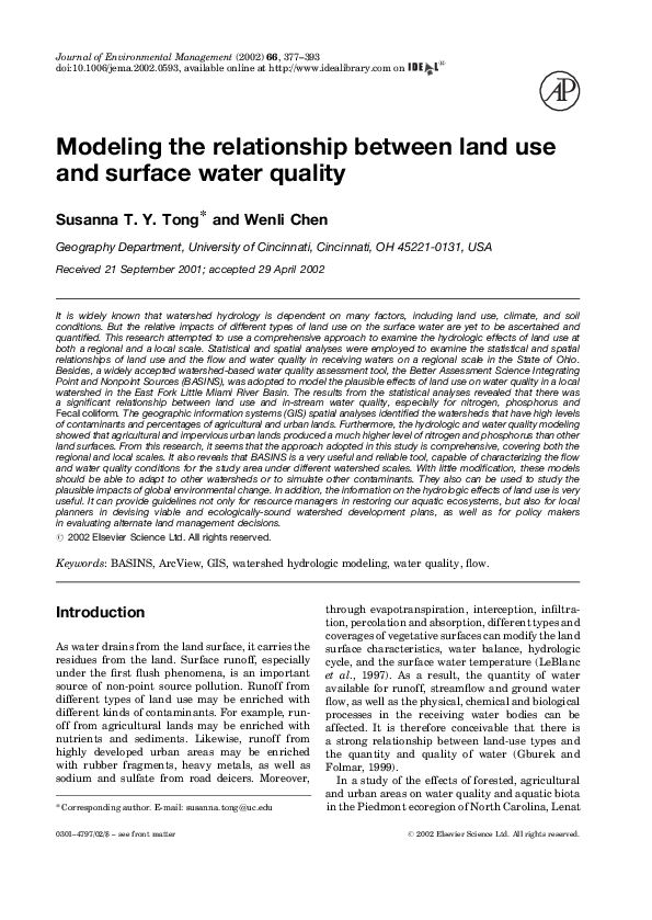 Pdf Modeling The Relationship Between Land Use And Surface Water Quality