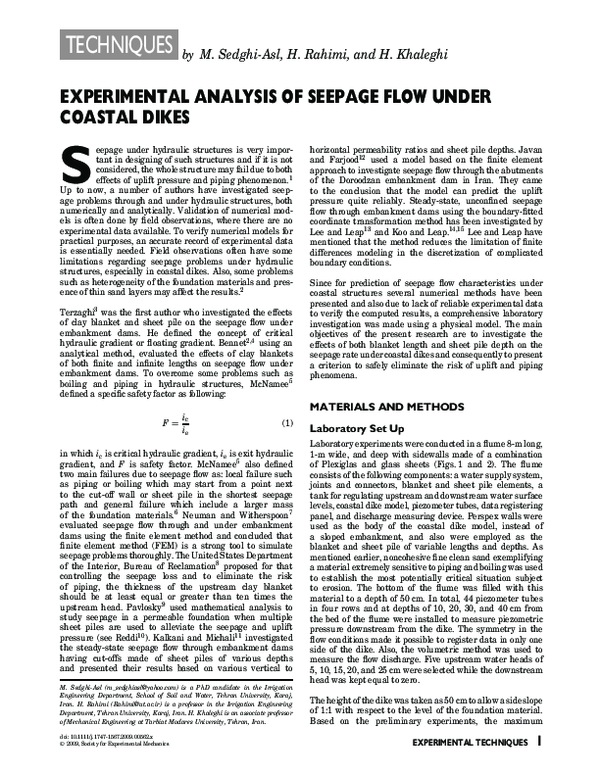 (PDF) Experimental Analysis of Seepage flow under Coastal Dikes