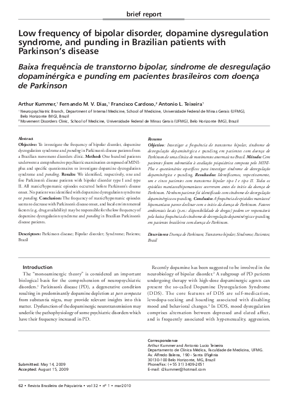(PDF) Low frequency of bipolar disorder, dopamine dysregulation ...