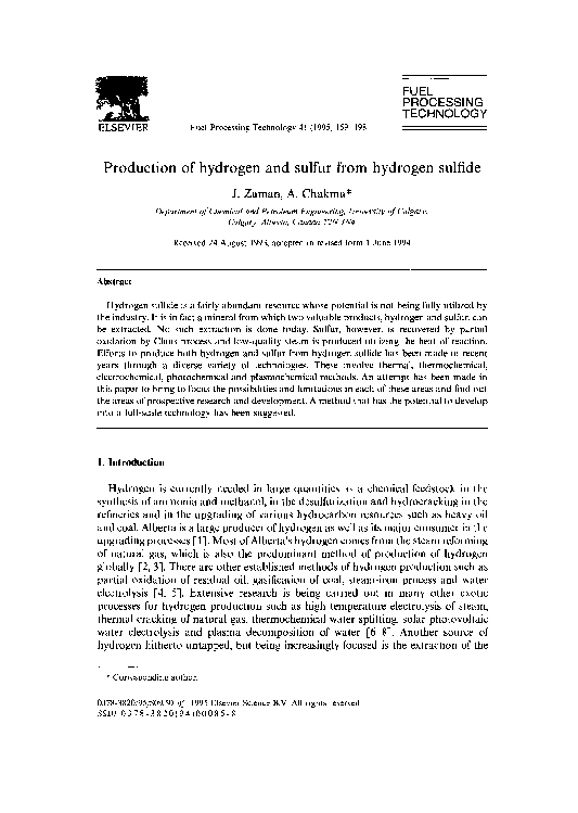 (PDF) Production of hydrogen and sulfur from hydrogen sulfide