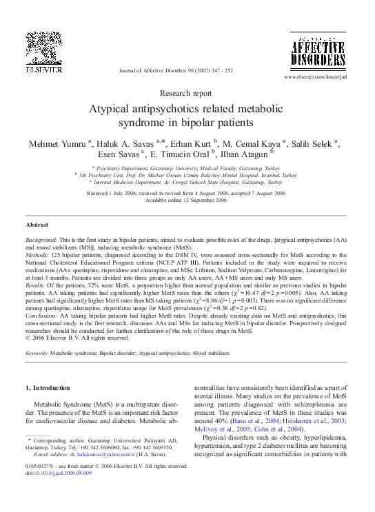 (PDF) Atypical antipsychotics related metabolic syndrome in bipolar ...