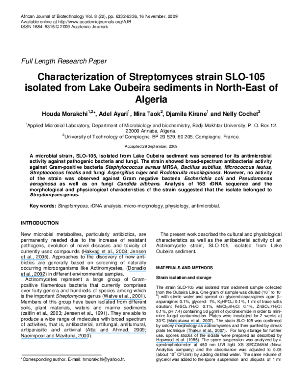 (PDF) Characterization of Streptomyces strain SLO-105 isolated from ...