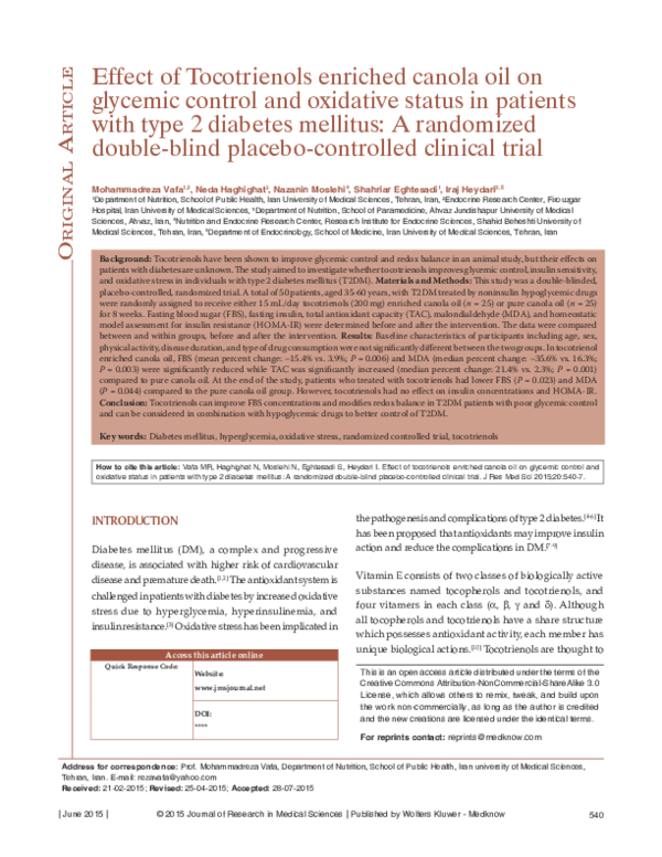 (PDF) Effect of Tocotrienols enriched canola oil on glycemic control