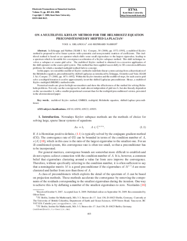 (PDF) ON A MULTILEVEL KRYLOV METHOD FOR THE HELMHOLTZ EQUATION ...