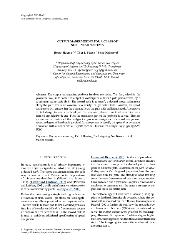 (PDF) Robust output maneuvering for a class of nonlinear systems