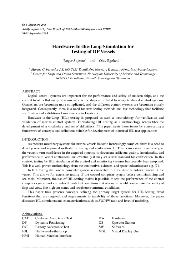 (PDF) HardwareIntheLoop Simulation for Testing of DP Vessels Roger Skjetne Academia.edu