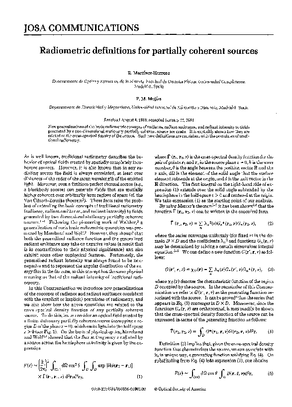 (PDF) Radiometric definitions for partially coherent sources