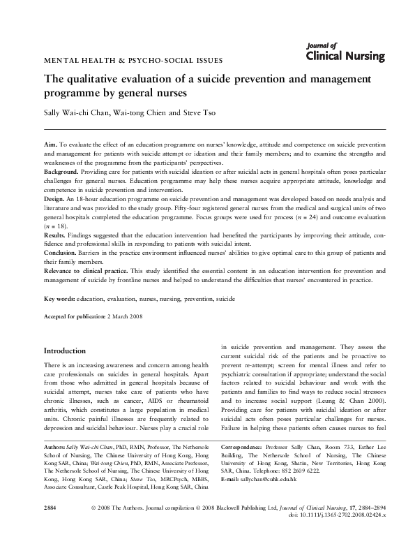 (PDF) The qualitative evaluation of a suicide prevention and management ...