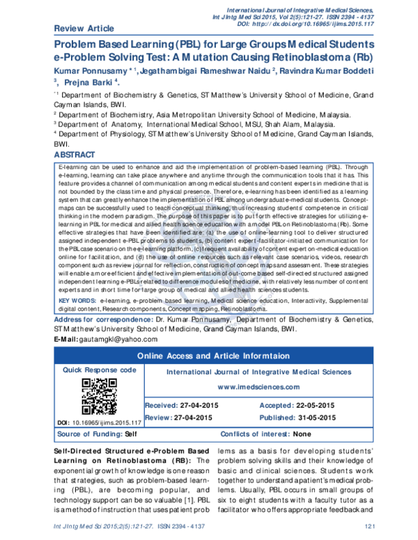 (PDF) Problem Based Learning (PBL) for Large Groups Medical Students e ...