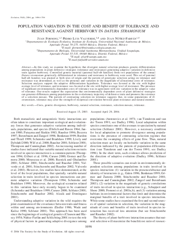 (PDF) POPULATION VARIATION IN THE COST AND BENEFIT OF TOLERANCE AND ...