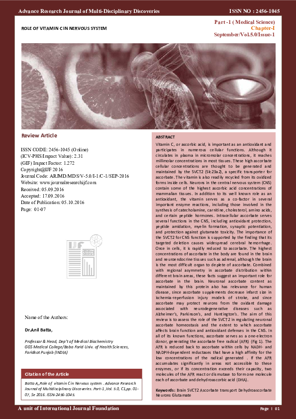 (PDF) ROLE OF VITAMIN C IN NERVOUS SYSTEM
