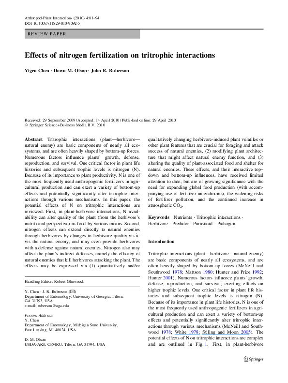 (PDF) Effects of nitrogen fertilization on tritrophic interactions