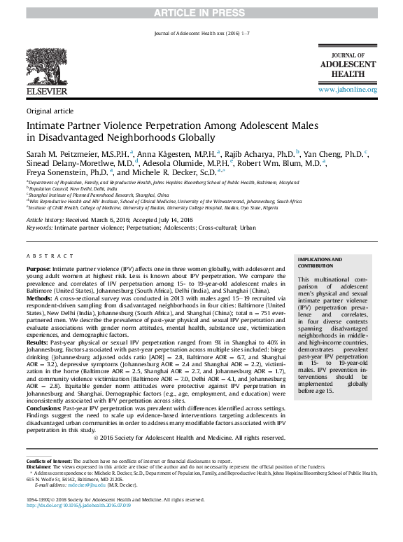 (PDF) Intimate Partner Violence Perpetration Among Adolescent Males in ...