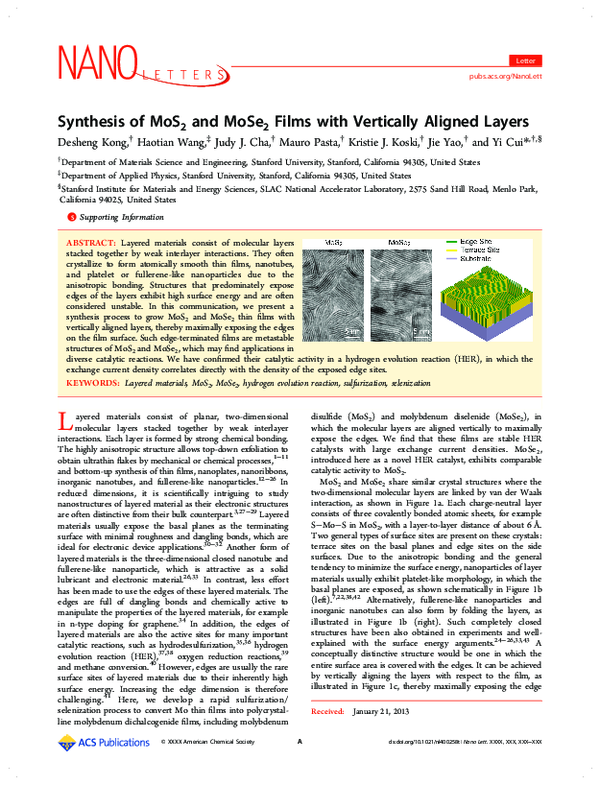 (PDF) Synthesis of MoS 2 and MoSe 2 Films with Vertically Aligned Layers