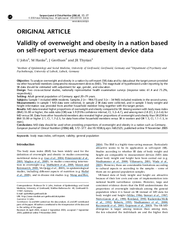 (PDF) Validity of overweight and obesity in a nation based on self ...