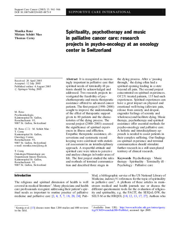 (PDF) Spirituality, psychotherapy and music in palliative cancer care ...
