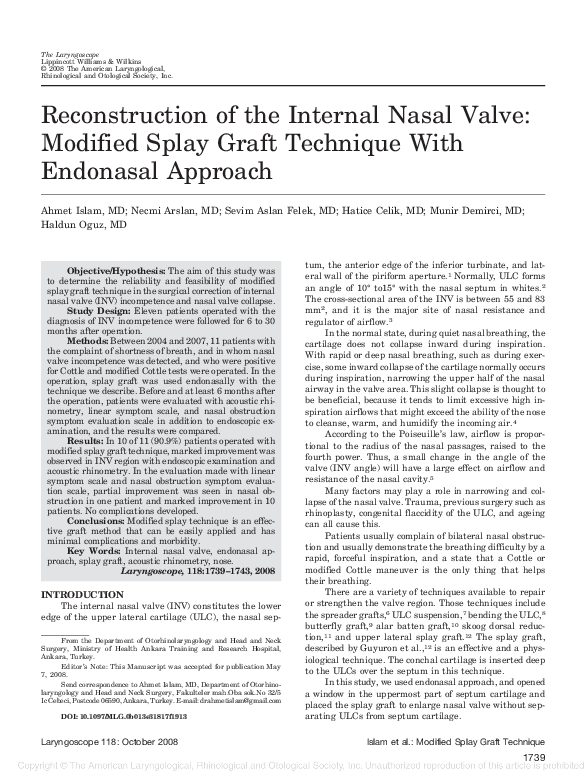 (PDF) Reconstruction of the Internal Nasal Valve Modified Splay Graft