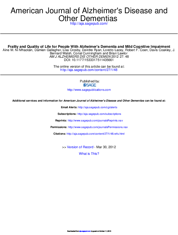 (PDF) Frailty and Quality of Life for People With Alzheimer’s Dementia ...