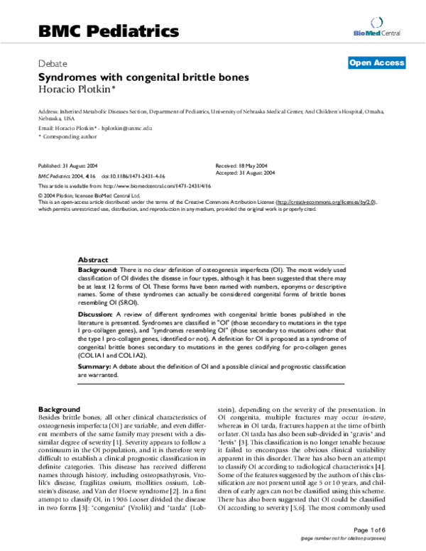 (PDF) Syndromes with congenital brittle bones Horacio Plotkin