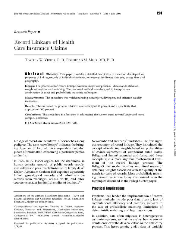 (PDF) Record Linkage of Health Care Insurance Claims Timothy Victor