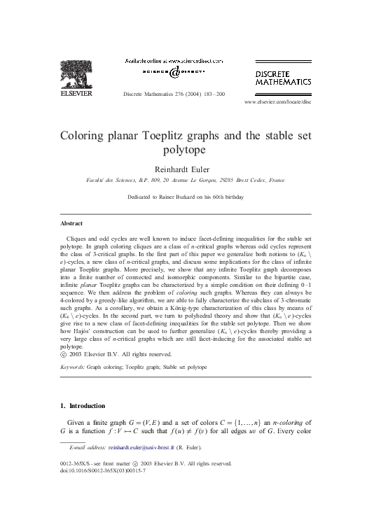 (PDF) Coloring planar Toeplitz graphs and the stable set polytope