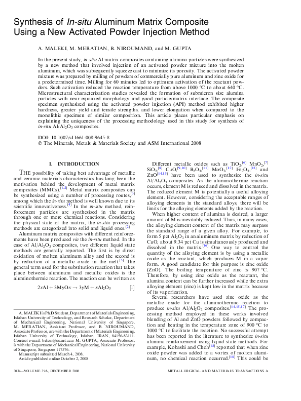 (PDF) Synthesis of In-situ Aluminum Matrix Composite Using a New ...