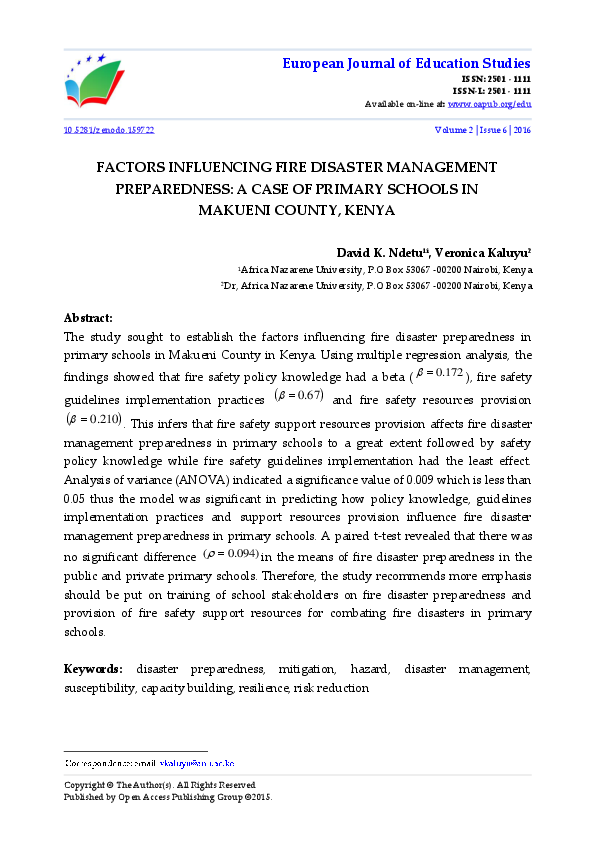 Pdf Factors Influencing Fire Disaster Management Preparedness A Case