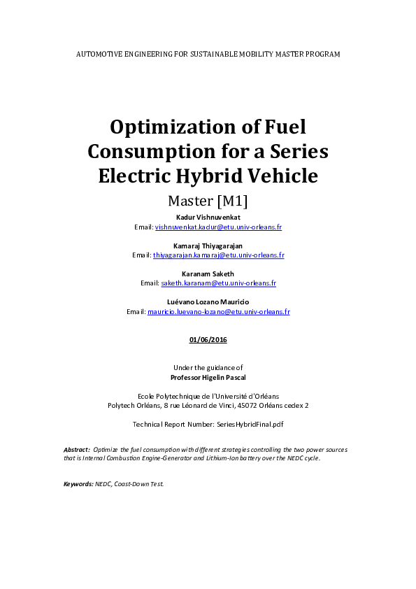 (PDF) Optimization of Fuel Consumption for a Series Electric Hybrid Vehicle