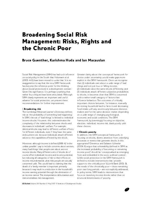 (PDF) Broadening Social Risk Management: Risks, Rights and the Chronic Poor