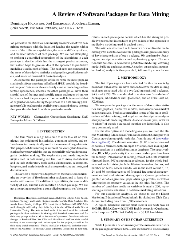 (PDF) A Review of Software Packages for Data Mining
