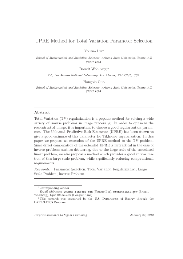 (PDF) UPRE method for total variation parameter selection