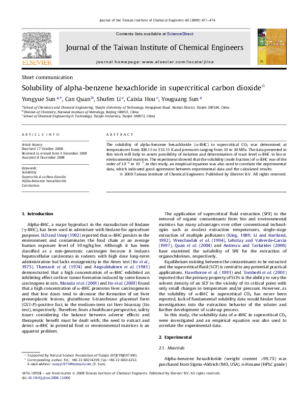 (PDF) Solubility of alpha-benzene hexachloride in supercritical carbon ...