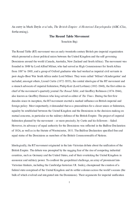 Doc The Round Table Movement In Mark Doyle Et Al Eds British Empire A Historical Encyclopedia Abc Clio Forthcoming Tomohito Baji Academia Edu Doc The Round Table Movement In Mark, Round Table Movement