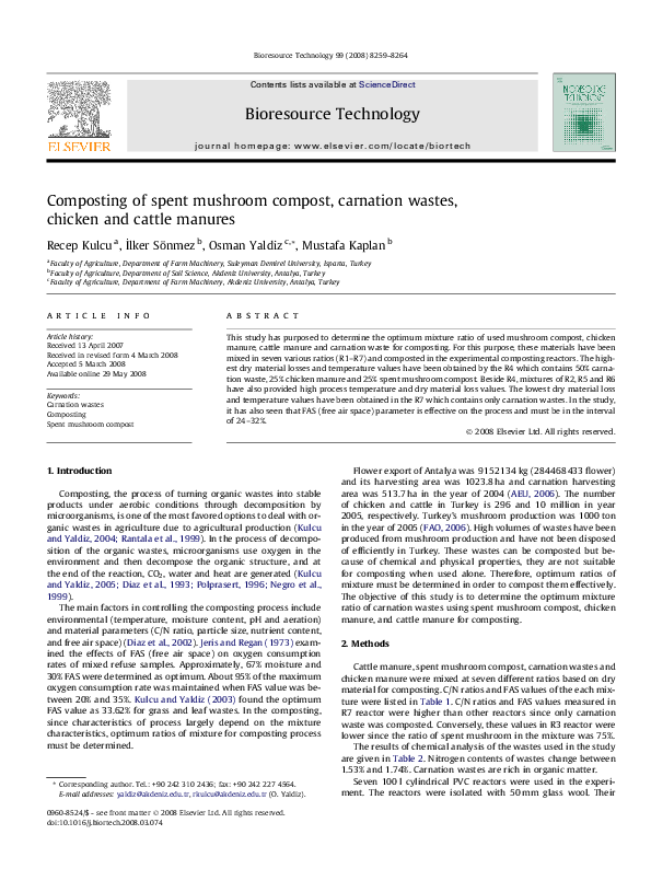 (PDF) Composting of spent mushroom compost, carnation wastes, chicken
