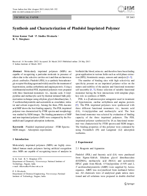 (PDF) Synthesis and Characterization of Pindolol Imprinted Polymer