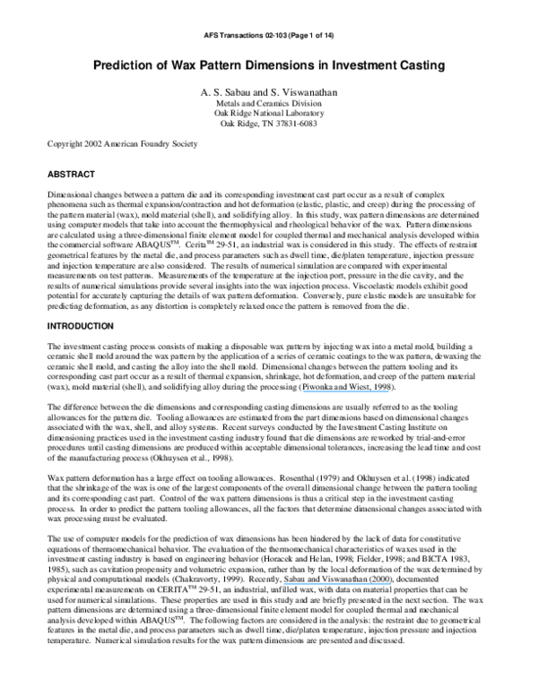 (PDF) Material properties for predicting wax pattern dimensions in