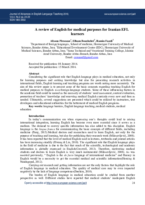 (PDF) A review of English for medical purposes for Iranian EFL learners
