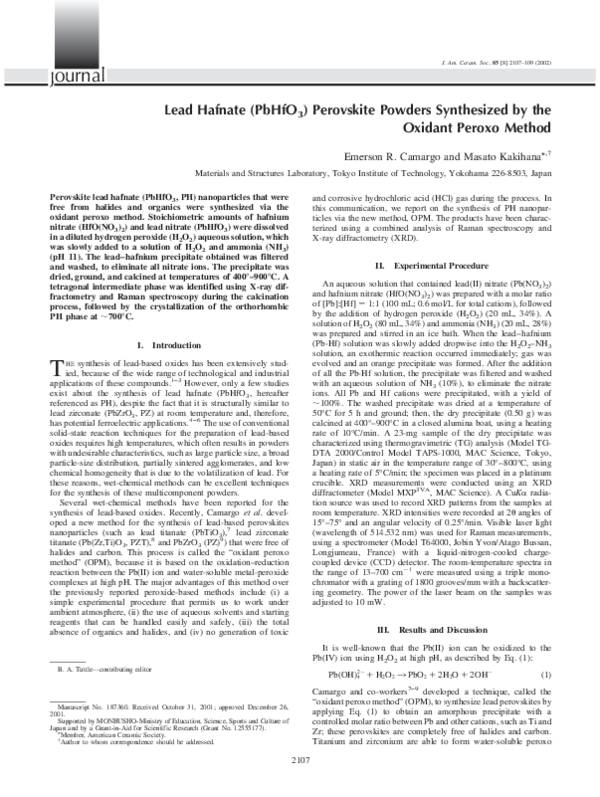 (PDF) Lead Hafnate (PbHfO 3 ) Perovskite Powders Synthesized by the ...